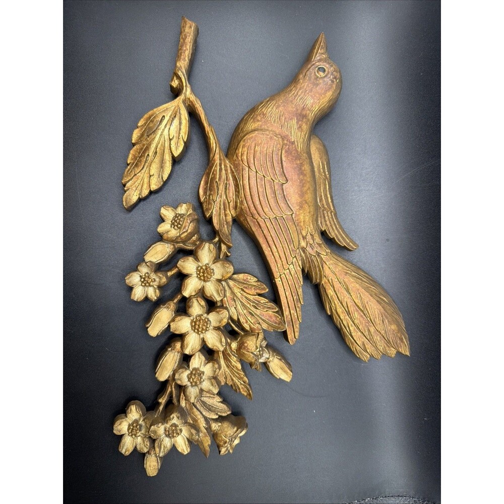 Vintage Syroco Bird Plaque with Dogwood Flowers Wall Art Decor Gold Tone